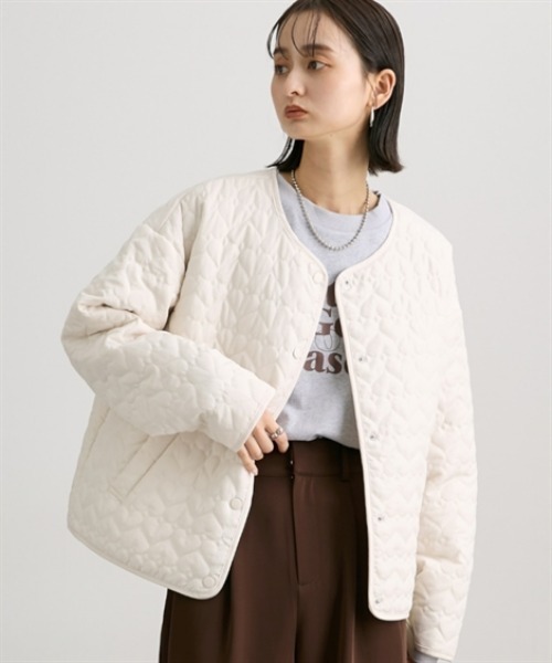 nissen（ニッセン）の「ハートキルトジャケット（ノーカラージャケット・レディース・アイボリー/ブラック・M/L）」の9枚目の写真