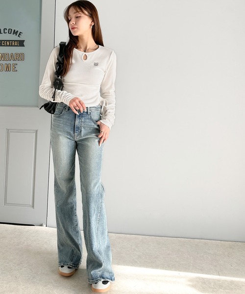mily bilet(ミウィビレット)の「【mily bilet】着こなし思いのまま。ロゴ刺繍サイドギャザーリブカットソー(長袖)(Tシャツ/カットソー・レディース・杢グレー/チャコールグレー/アイボリー/ブラック・X-LARGE/SMALL/MEDIUM/LARGE)」の14枚目の写真