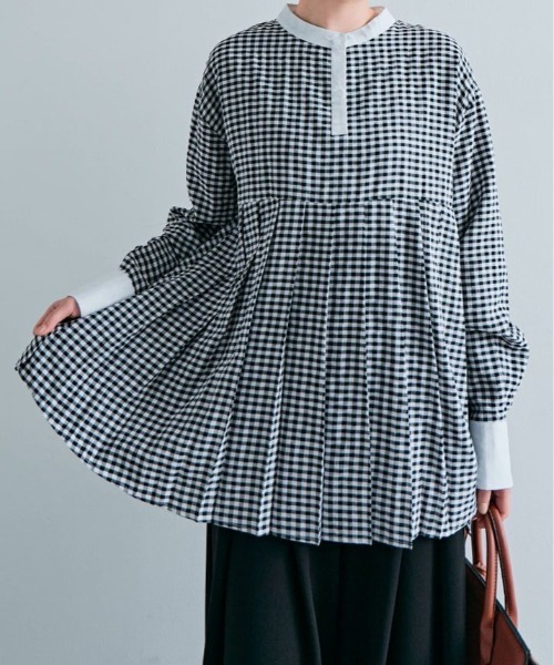 kirakiraShop(キラキラショップ)の「プリーツ 切り替え ギンガム チェック シャツ(シャツ/ブラウス・レディース・ブルー系/ブラック系/グレー系・FREE)」の1枚目の写真