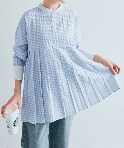 kirakiraShop(キラキラショップ)の「プリーツ 切り替え ギンガム チェック シャツ(シャツ/ブラウス・レディース・ブルー系/ブラック系/グレー系・FREE)」の3枚目の写真