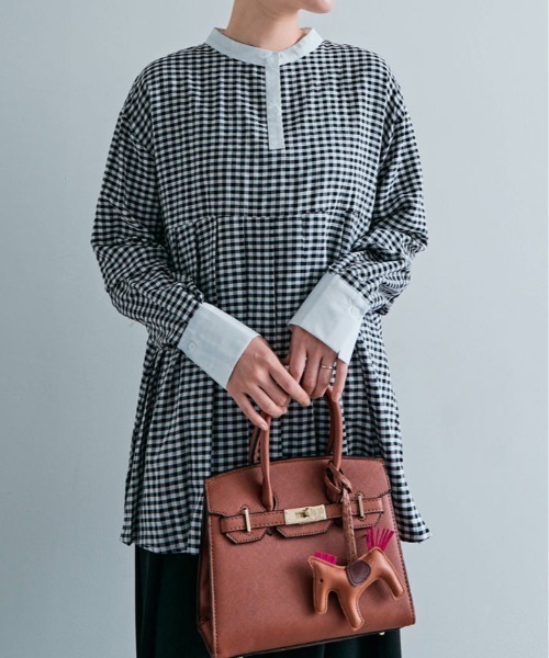 kirakiraShop(キラキラショップ)の「プリーツ 切り替え ギンガム チェック シャツ(シャツ/ブラウス・レディース・ブルー系/ブラック系/グレー系・FREE)」の7枚目の写真