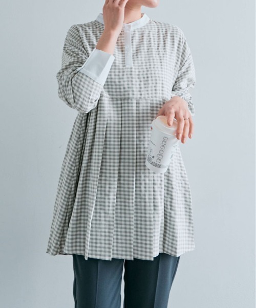 kirakiraShop(キラキラショップ)の「プリーツ 切り替え ギンガム チェック シャツ(シャツ/ブラウス・レディース・ブルー系/ブラック系/グレー系・FREE)」の15枚目の写真
