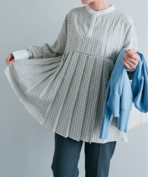 kirakiraShop(キラキラショップ)の「プリーツ 切り替え ギンガム チェック シャツ(シャツ/ブラウス・レディース・ブルー系/ブラック系/グレー系・FREE)」の18枚目の写真