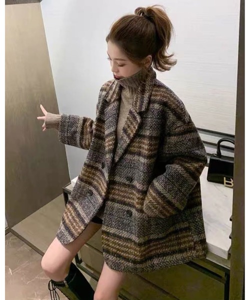 FUNdaysion（ファンデイション）の「チェック柄中綿キルティングショートコート（ピーコート・レディース・キャメル/ブルー系その他・M）」の11枚目の写真