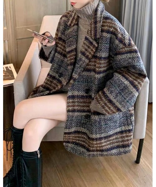 FUNdaysion（ファンデイション）の「チェック柄中綿キルティングショートコート（ピーコート・レディース・キャメル/ブルー系その他・M）」の9枚目の写真