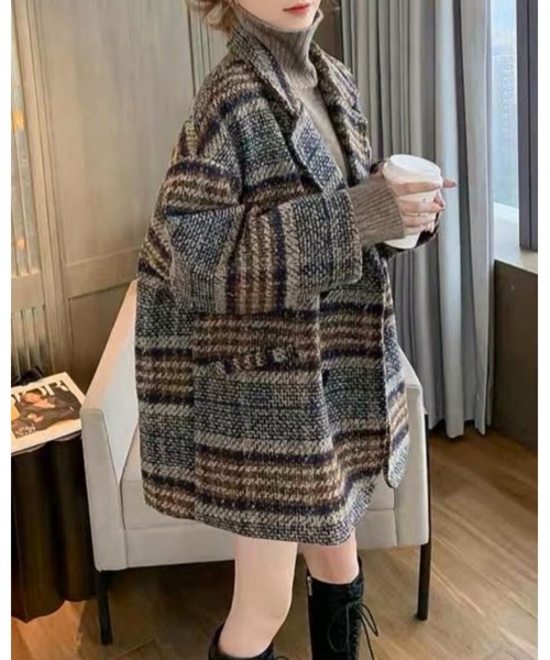 FUNdaysion（ファンデイション）の「チェック柄中綿キルティングショートコート（ピーコート・レディース・キャメル/ブルー系その他・M）」の3枚目の写真