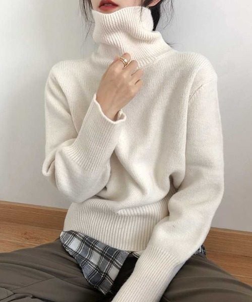 Teem Store(チームストア)の「カラーバリエーション無地シンプルハイネックニットタートルセーター(ニット/セーター・レディース・オレンジ/ブルー/グリーン/レッド/ブラック/ホワイト/ブラウン/ベージュ/パープル/カーキ・F)」の2枚目の写真