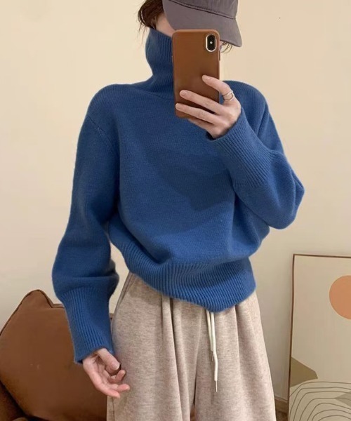 Teem Store(チームストア)の「カラーバリエーション無地シンプルハイネックニットタートルセーター(ニット/セーター・レディース・オレンジ/ブルー/グリーン/レッド/ブラック/ホワイト/ブラウン/ベージュ/パープル/カーキ・F)」の11枚目の写真