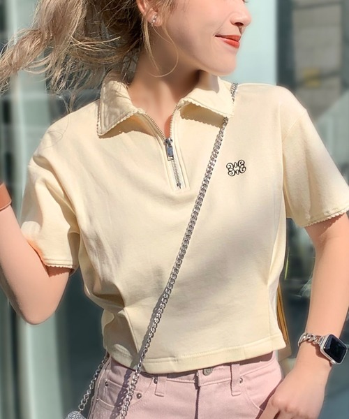 mily bilet（ミウィビレット）の「【mily bilet】デイリースタイルをワンランクアップ！ピコレース使い胸刺繍ピグメントZIPポロシャツ（ポロシャツ・レディース・アイボリー/カーキ/チャコールグレー・LARGE/MEDIUM/SMALL/X-LARGE）」の2枚目の写真