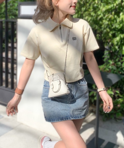 mily bilet（ミウィビレット）の「【mily bilet】デイリースタイルをワンランクアップ！ピコレース使い胸刺繍ピグメントZIPポロシャツ（ポロシャツ・レディース・アイボリー/カーキ/チャコールグレー・LARGE/MEDIUM/SMALL/X-LARGE）」の7枚目の写真