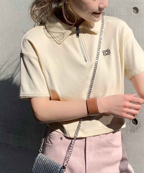 mily bilet（ミウィビレット）の「【mily bilet】デイリースタイルをワンランクアップ！ピコレース使い胸刺繍ピグメントZIPポロシャツ（ポロシャツ・レディース・アイボリー/カーキ/チャコールグレー・LARGE/MEDIUM/SMALL/X-LARGE）」の10枚目の写真