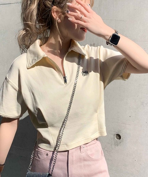 mily bilet（ミウィビレット）の「【mily bilet】デイリースタイルをワンランクアップ！ピコレース使い胸刺繍ピグメントZIPポロシャツ（ポロシャツ・レディース・アイボリー/カーキ/チャコールグレー・LARGE/MEDIUM/SMALL/X-LARGE）」の11枚目の写真