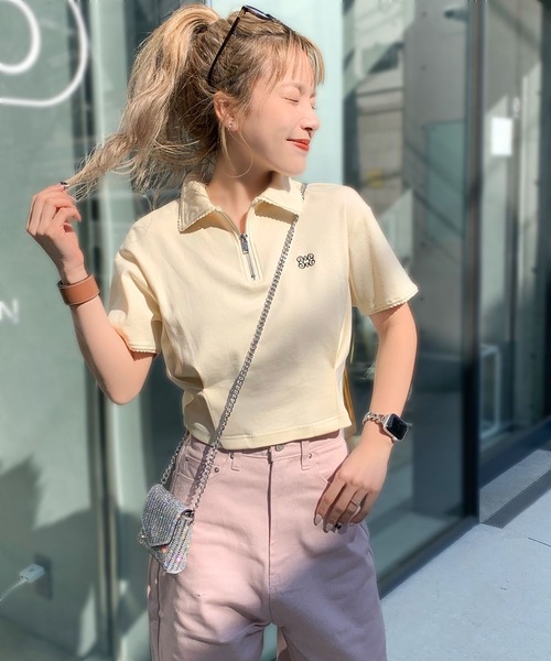 mily bilet（ミウィビレット）の「【mily bilet】デイリースタイルをワンランクアップ！ピコレース使い胸刺繍ピグメントZIPポロシャツ（ポロシャツ・レディース・アイボリー/カーキ/チャコールグレー・LARGE/MEDIUM/SMALL/X-LARGE）」の9枚目の写真