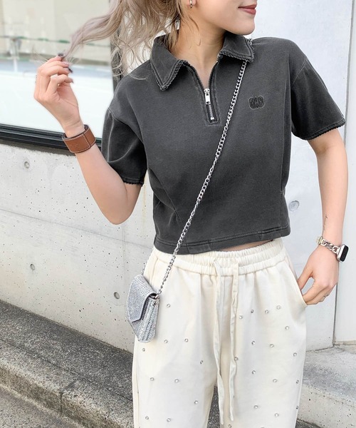 mily bilet（ミウィビレット）の「【mily bilet】デイリースタイルをワンランクアップ！ピコレース使い胸刺繍ピグメントZIPポロシャツ（ポロシャツ・レディース・アイボリー/カーキ/チャコールグレー・LARGE/MEDIUM/SMALL/X-LARGE）」の15枚目の写真
