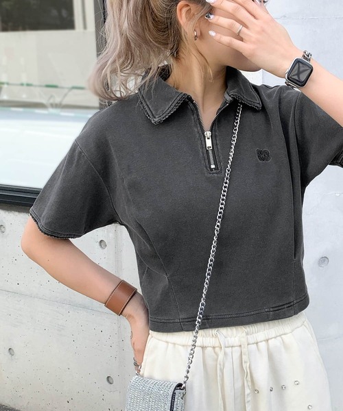 mily bilet（ミウィビレット）の「【mily bilet】デイリースタイルをワンランクアップ！ピコレース使い胸刺繍ピグメントZIPポロシャツ（ポロシャツ・レディース・アイボリー/カーキ/チャコールグレー・LARGE/MEDIUM/SMALL/X-LARGE）」の13枚目の写真