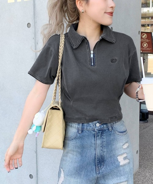 mily bilet（ミウィビレット）の「【mily bilet】デイリースタイルをワンランクアップ！ピコレース使い胸刺繍ピグメントZIPポロシャツ（ポロシャツ・レディース・アイボリー/カーキ/チャコールグレー・LARGE/MEDIUM/SMALL/X-LARGE）」の18枚目の写真