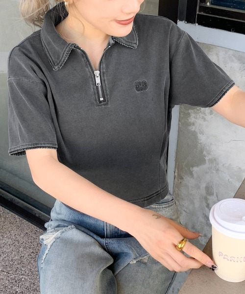 mily bilet（ミウィビレット）の「【mily bilet】デイリースタイルをワンランクアップ！ピコレース使い胸刺繍ピグメントZIPポロシャツ（ポロシャツ・レディース・アイボリー/カーキ/チャコールグレー・LARGE/MEDIUM/SMALL/X-LARGE）」の20枚目の写真