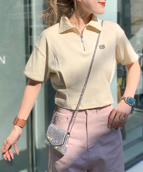 mily bilet（ミウィビレット）の「【mily bilet】デイリースタイルをワンランクアップ！ピコレース使い胸刺繍ピグメントZIPポロシャツ（ポロシャツ・レディース・アイボリー/カーキ/チャコールグレー・LARGE/MEDIUM/SMALL/X-LARGE）」の4枚目の写真
