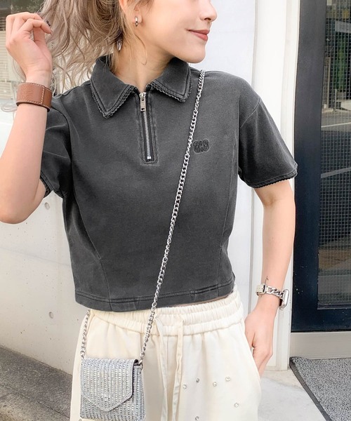 mily bilet（ミウィビレット）の「【mily bilet】デイリースタイルをワンランクアップ！ピコレース使い胸刺繍ピグメントZIPポロシャツ（ポロシャツ・レディース・アイボリー/カーキ/チャコールグレー・LARGE/MEDIUM/SMALL/X-LARGE）」の6枚目の写真