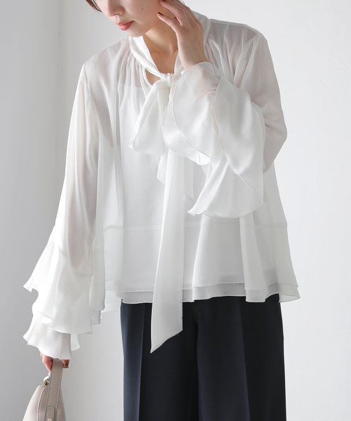ブラウス シャツ 「洗える」2WAYボウタイ袖フレアブラウス レディース tocco closet ブラウス シャツ 2WAYボウタイ付きフレア