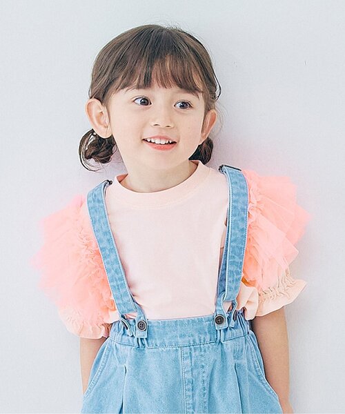 p.premier（ピードットプルミエ）の「【ジュニア対応】ボリュームチュールパフスリーブ半袖Tシャツ（Tシャツ/カットソー・キッズ・オレンジ/チャコール/ピンク/オフホワイト・120/110/100/90/80/140/130）」の3枚目の写真