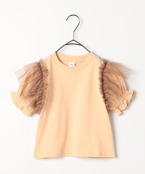 p.premier（ピードットプルミエ）の「【ジュニア対応】ボリュームチュールパフスリーブ半袖Tシャツ（Tシャツ/カットソー・キッズ・オレンジ/チャコール/ピンク/オフホワイト・120/110/100/90/80/140/130）」の4枚目の写真