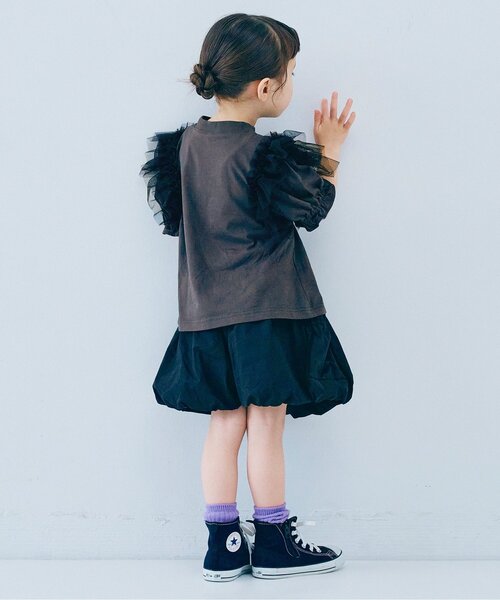 p.premier（ピードットプルミエ）の「【ジュニア対応】ボリュームチュールパフスリーブ半袖Tシャツ（Tシャツ/カットソー・キッズ・オレンジ/チャコール/ピンク/オフホワイト・120/110/100/90/80/140/130）」の6枚目の写真