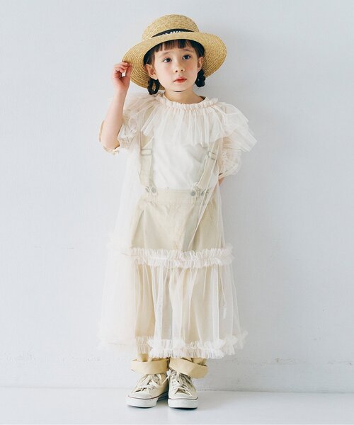 p.premier（ピードットプルミエ）の「【ジュニア対応】ボリュームチュールパフスリーブ半袖Tシャツ（Tシャツ/カットソー・キッズ・オレンジ/チャコール/ピンク/オフホワイト・120/110/100/90/80/140/130）」の10枚目の写真