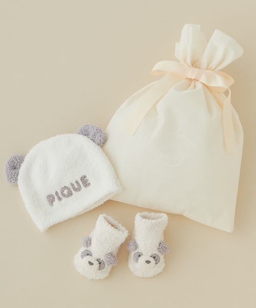 gelato pique(ジェラートピケ)の「【ラッピング済み】【BABY】パウダーアニマルキャップ&ソックスSET(ベビーギフト・キッズ・オフホワイト/グリーン/ラベンダー・FREE)」の1枚目の写真