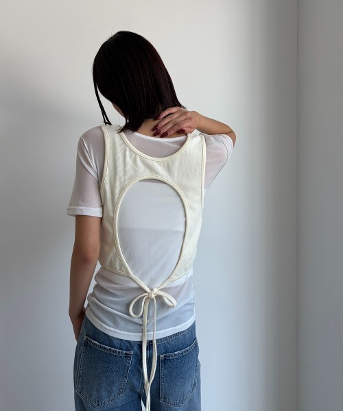AIC.(エーアイシー)の「バックオープンリブビスチェ/シアーTシャツアンサンブル(Tシャツ/カットソー・レディース・チャコールグレー/オフホワイト/イエロー・FREE)」の6枚目の写真