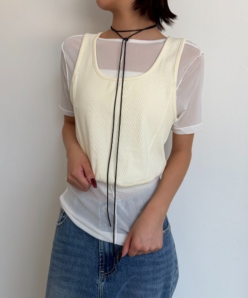 AIC.(エーアイシー)の「バックオープンリブビスチェ/シアーTシャツアンサンブル(Tシャツ/カットソー・レディース・チャコールグレー/オフホワイト/イエロー・FREE)」の11枚目の写真