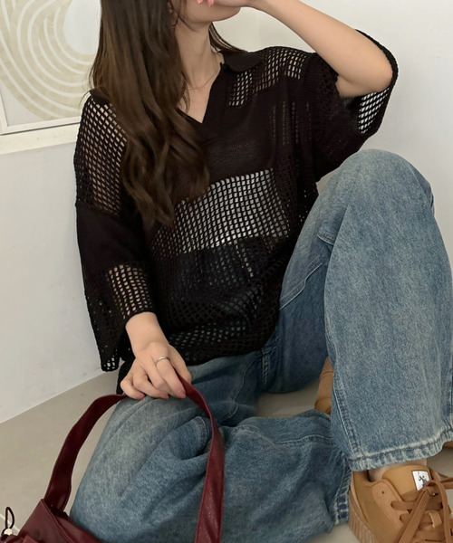 Good Riddance(グッドリダンス)の「【Good Riddance】かぎ針編み風 メッシュニット スキッパートップス(ポロシャツ・レディース・ブラック/ピンク・FREE)」の15枚目の写真