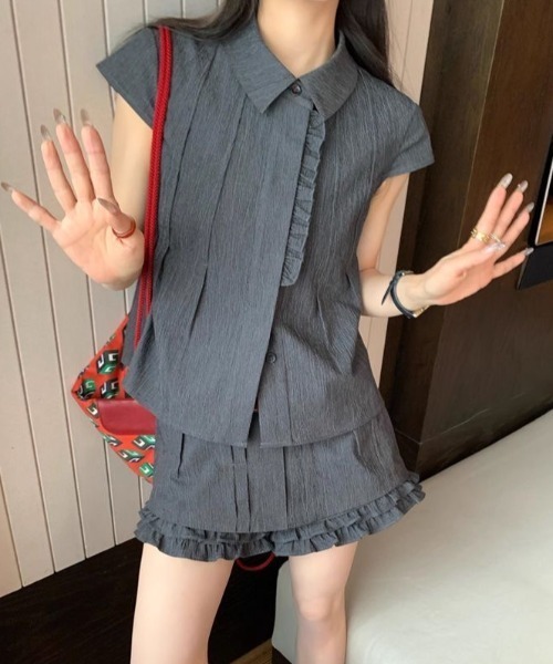 2ピース セットアップ シャツ パンツ フリル エレガント セール】レディース ヨウリュウ風フリルトップス+ワイドパンツ
