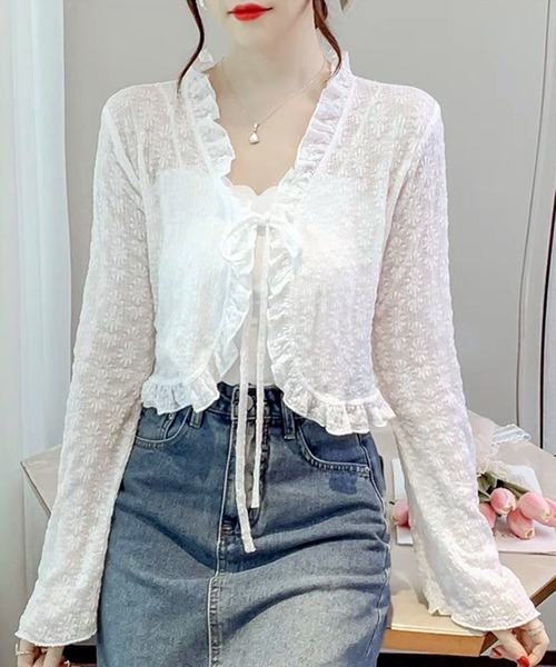 セール】ショート丈 フリル リボン付き 花柄 シアーカーディガン 長袖