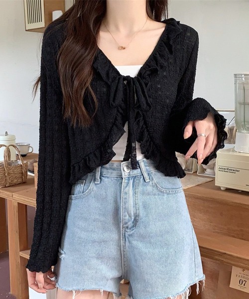 セール】ショート丈 フリル リボン付き 花柄 シアーカーディガン 長袖