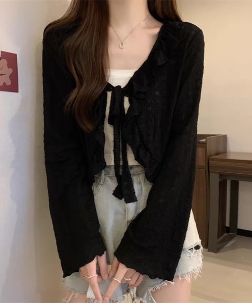 セール】ショート丈 フリル リボン付き 花柄 シアーカーディガン 長袖