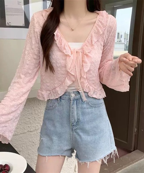 ショート丈 フリル リボン付き 花柄 シアーカーディガン 長袖