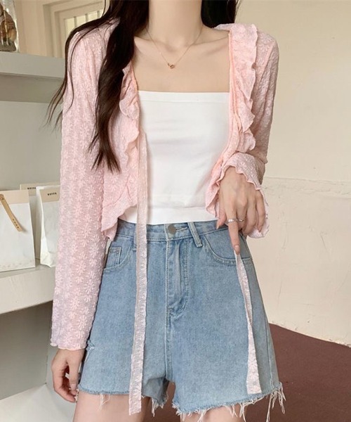 セール】ショート丈 フリル リボン付き 花柄 シアーカーディガン 長袖