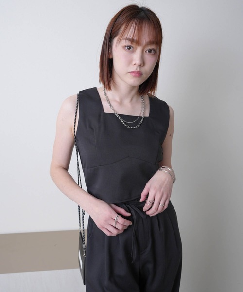 Yuko00　トップスボトムスセット セール】スクエアネックショートトップス×タックパンツSET