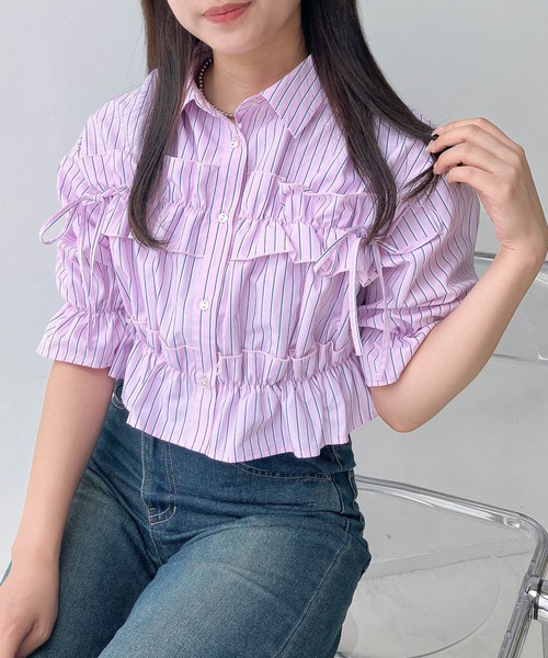 AS KNOW AS plus(アズノゥアズプラス)の「●サイドリボン フリル5分袖ブラウス(シャツ/ブラウス・レディース・サックスブルー/オフホワイト/イエロー系/ピンク系・FREE)」の4枚目の写真