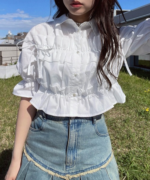 AS KNOW AS plus(アズノゥアズプラス)の「●サイドリボン フリル5分袖ブラウス(シャツ/ブラウス・レディース・サックスブルー/オフホワイト/イエロー系/ピンク系・FREE)」の2枚目の写真