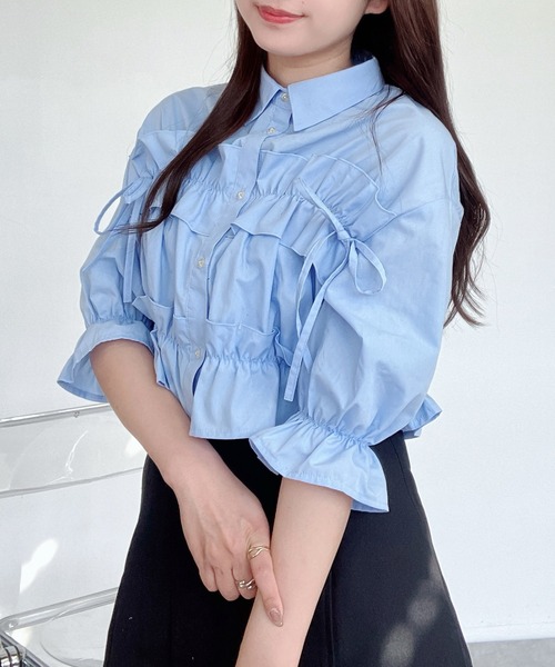 AS KNOW AS plus(アズノゥアズプラス)の「●サイドリボン フリル5分袖ブラウス(シャツ/ブラウス・レディース・サックスブルー/オフホワイト/イエロー系/ピンク系・FREE)」の3枚目の写真