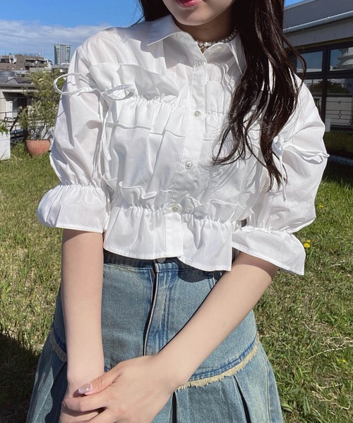 AS KNOW AS plus(アズノゥアズプラス)の「●サイドリボン フリル5分袖ブラウス(シャツ/ブラウス・レディース・サックスブルー/オフホワイト/イエロー系/ピンク系・FREE)」の5枚目の写真