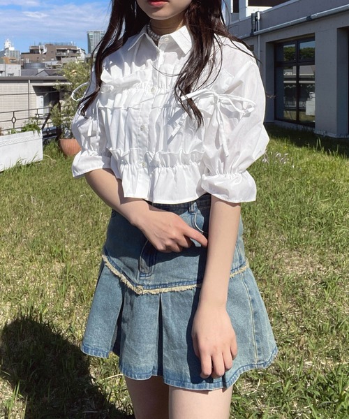 AS KNOW AS plus(アズノゥアズプラス)の「●サイドリボン フリル5分袖ブラウス(シャツ/ブラウス・レディース・サックスブルー/オフホワイト/イエロー系/ピンク系・FREE)」の7枚目の写真