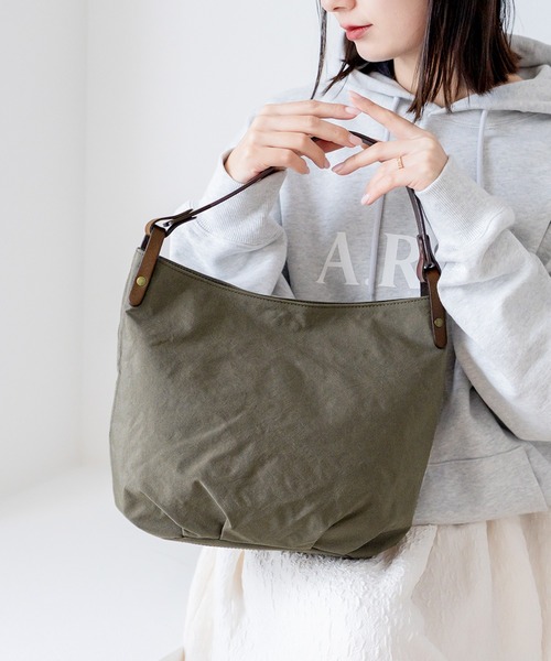 HALEINE（アレンヌ）の「[HALEINE] ナイロンザック ヌメ革 ハンドバッグ 日本製（ハンドバッグ・レディース・キャメル/ダークブルー/カーキ/ブラック・FREE）」の3枚目の写真