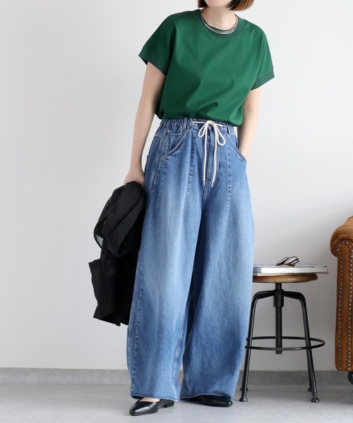 cepo（セポ）の「〈さらっと涼しい、シルキータッチ♪〉シルケットフレンチスリーブTee（Tシャツ/カットソー・レディース・レッド/グリーン/ブラウン/ブラック/オフホワイト・M）」の6枚目の写真