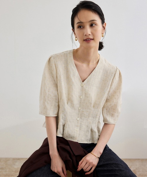 洗える・羽織にもなる】Vネック5分袖パフスリーブブラウス（シャツ