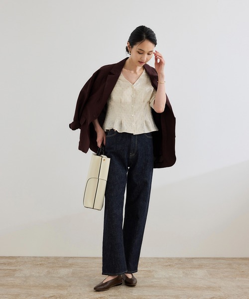 洗える・羽織にもなる】Vネック5分袖パフスリーブブラウス（シャツ