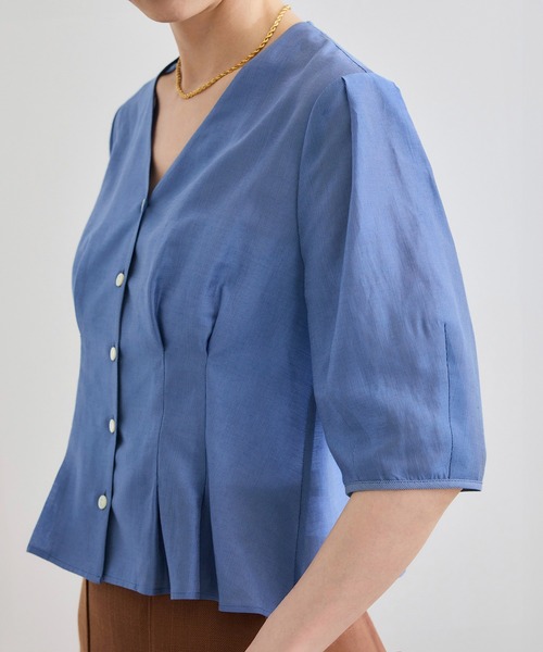 洗える・羽織にもなる】Vネック5分袖パフスリーブブラウス（シャツ
