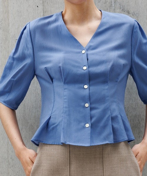 洗える・羽織にもなる】Vネック5分袖パフスリーブブラウス（シャツ